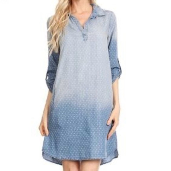 Luxology Chambray Denim Dot Shift Shirt Dress with Pockets 6 - Picture 1 of 16